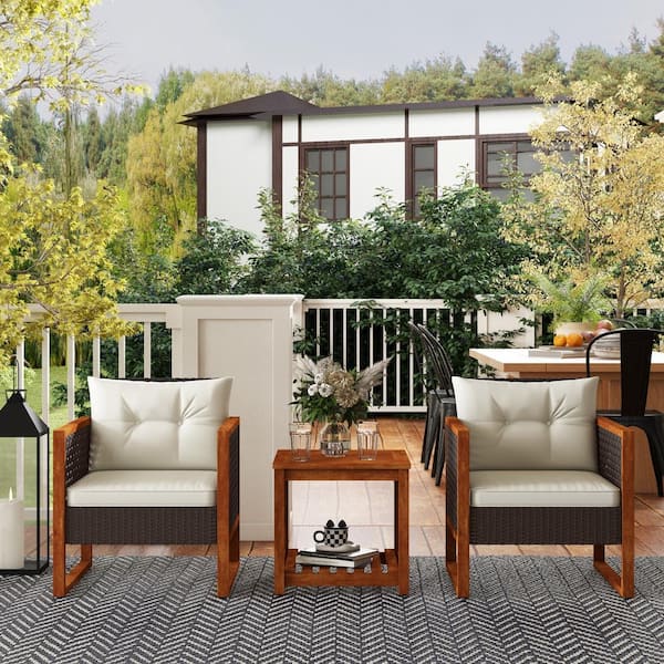 Unbranded 3-Piece WoodPatio Conversation, Patio Bistro Set with White Cushion, Outdoor Furniture for Porch, Backyard, Garden