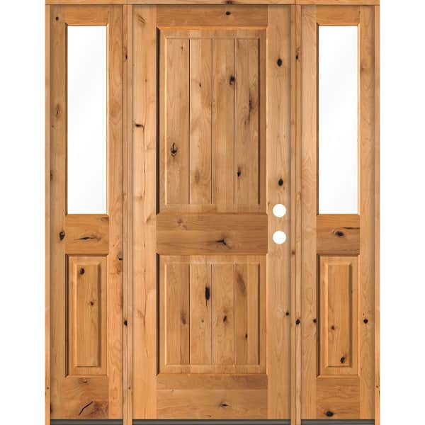 Krosswood Doors 58 in. x 80 in. Rustic Knotty Alder Square clear stain Wood V-Groove Left Hand Single Prehung Front Door/Half Sidelites