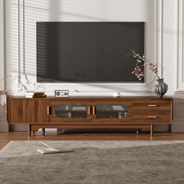 Halcyon Modern Walnut TV Stand Fits TVs up to 85 in. with Fluted Glass Doors and 2 Drawers