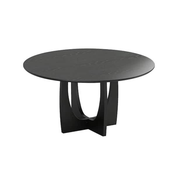 59 in. Oak Wood Black Column Pedestal Arch Cross-Leg Round Kitchen Table Dining Table Seats-6