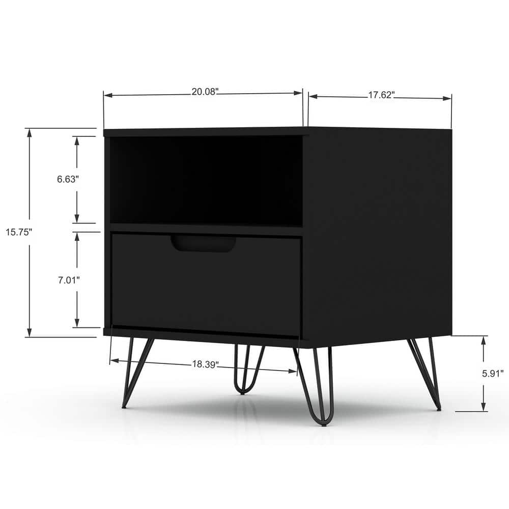 Rockefeller Black MDF 1-Drawer Nightstands with Metal Legs, Set of 2
