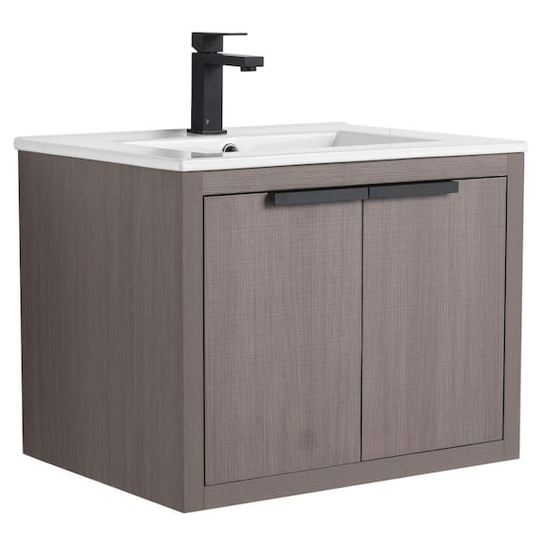 Kingsford 24 in. Single Wall Mounted Gray Oak Bath Vanity with Doors with White Ceramic Sink Top