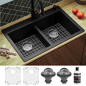 QT-810 Quartz/Granite 33 in. Double Bowl 50/50 Top Mount Drop-in Kitchen Sink in Black with Bottom Grid and Strainer