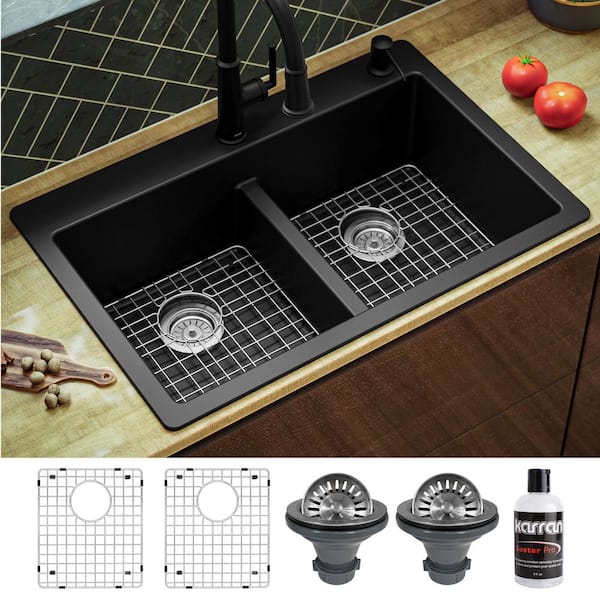 QT-810 Quartz/Granite 33 in. Double Bowl 50/50 Top Mount Drop-in Kitchen Sink in Black with Bottom Grid and Strainer