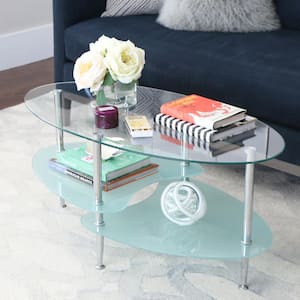 Mid 38 in. Silver Medium Oval Glass Coffee Table with Shelf
