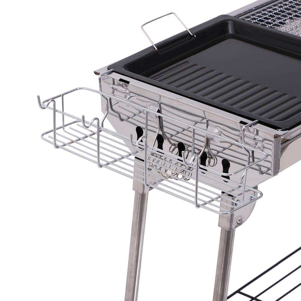 Portable Stainless Steel Charcoal Hibachi Grill with Shelves