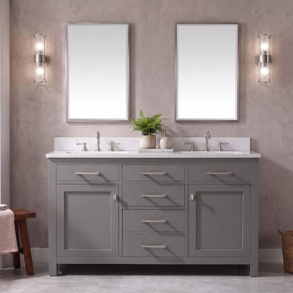 Jasper 54 in. Double Sink Freestanding Bathroom Vanity in Gray with Carrara White Engineered Stone Top
