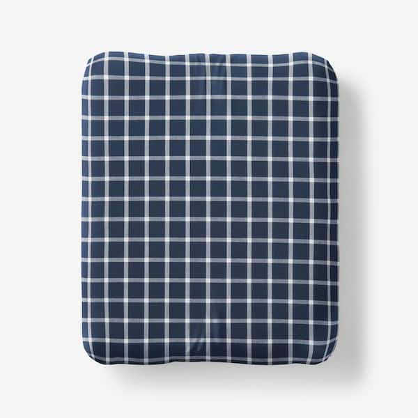 The Company Store Company Cotton Windowpane Yard-Dyed White/Navy Cotton Percale Twin XL Fitted Sheet