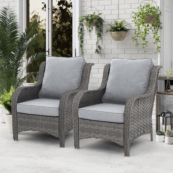 Armchair, 2-Piece Patio Wicker Outdoor Lounge Chair, with Thick Gray Cushions