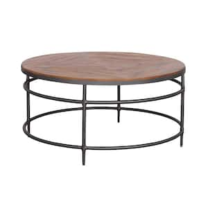 38 in. W Turner Natural and Black Round Marble Top Coffee Table with Iron Base