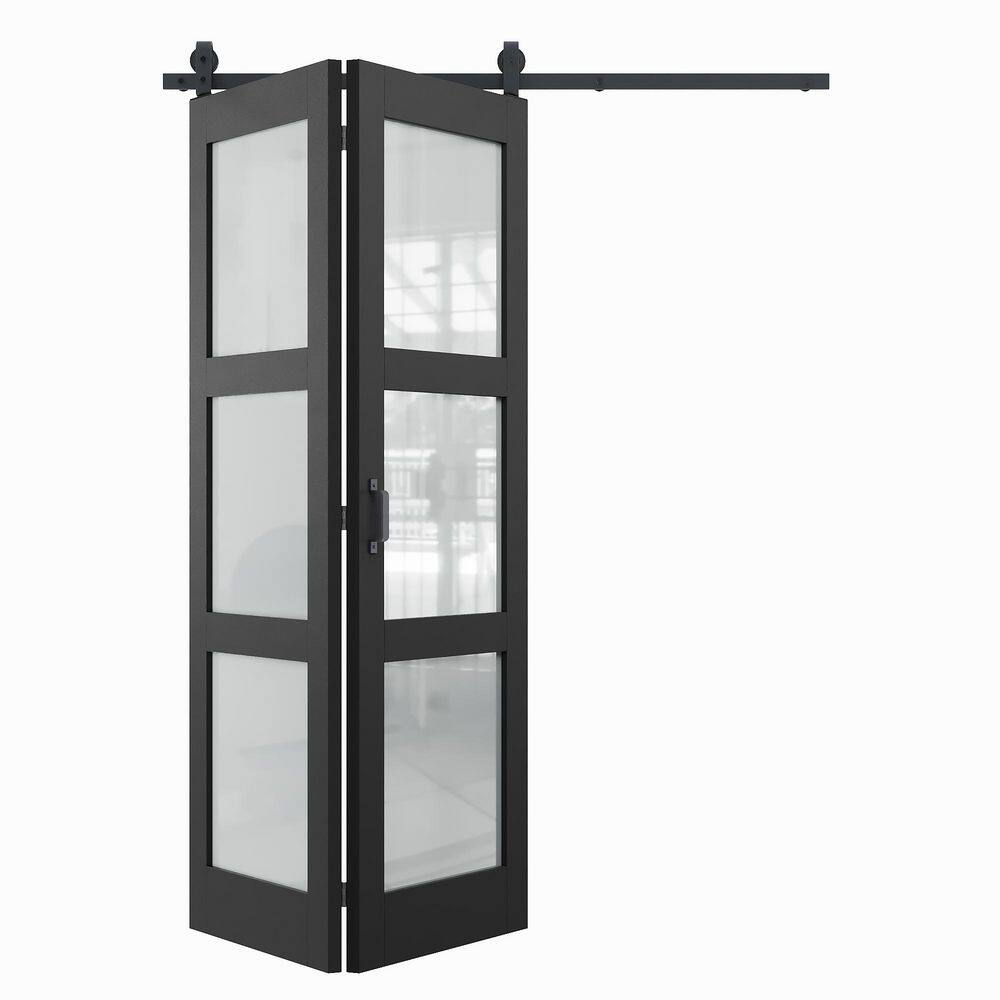 56 in. x 80 in. 3 Lite Tempered Frosted Glass Black Primed MDF Bifold Sliding Barn Door with Hardware Kit price history on PriceWatchPro