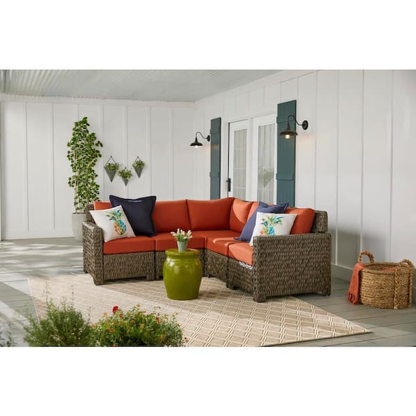 Hampton Bay Laguna Point 5-Piece Brown Wicker Outdoor Patio Sectional Sofa Set with CushionGuard Quarry Red Cushions