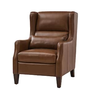 Ovill Brown Modern Genuine Leather Wingback Armchair with Pillow