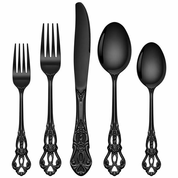 40-Piece Black and Silver Flatware Set for 8 with Retro Baroque Handles