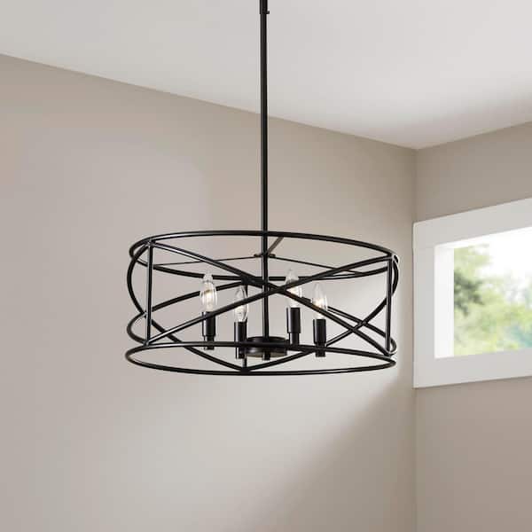 Hampton Bay Hastings 4-Light Oil Rubbed Bronze Vintage Industrial Drum Chandelier for Dining Rooms with No Bulbs Included