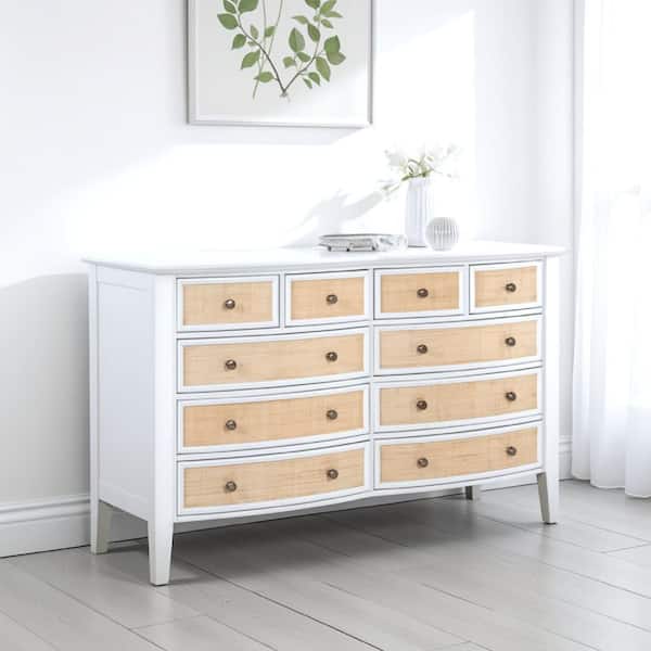 Heo Wide Dresser, 10 Drawers, Rattan Woven Curved Front, White Wood Heo Wide Dresser, 10 Drawers, Rattan Woven Curved Front, White Wood