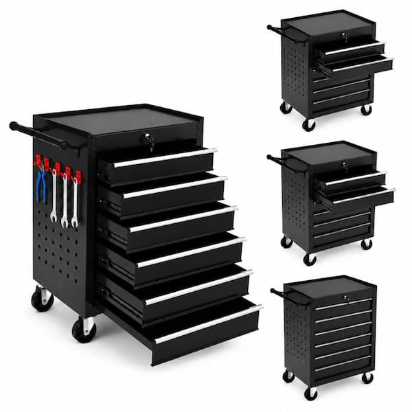 Rolling Tool Chest, 24 Inch Black, 6-Drawer Lockable Cabinet With Wheels And Drawer Liners For Garage & Auto Repair
