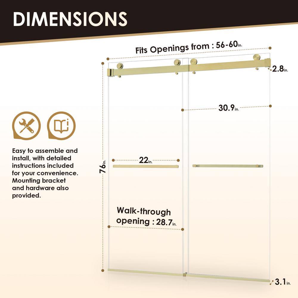 Bolani 60" Brushed Gold Frameless Glass Shower Door