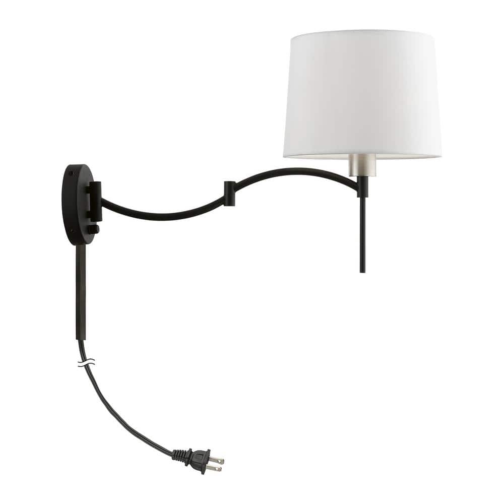 Black and Brushed Nickel Swing Arm Wall Lamp with Off-White Shade