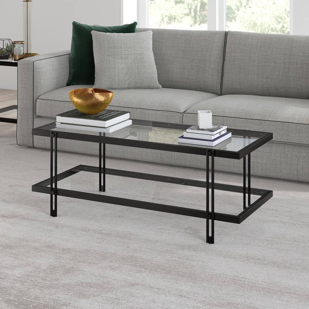 Beckham Rectangular Glass Coffee Table with Storage, Brass Finish