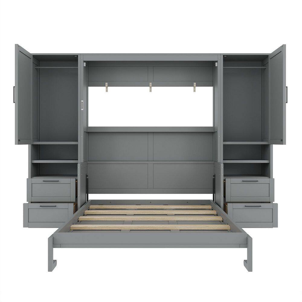 Gray Wood Frame Queen Size Murphy Bed with Closet, Drawers and Shelves - thumbnail 5