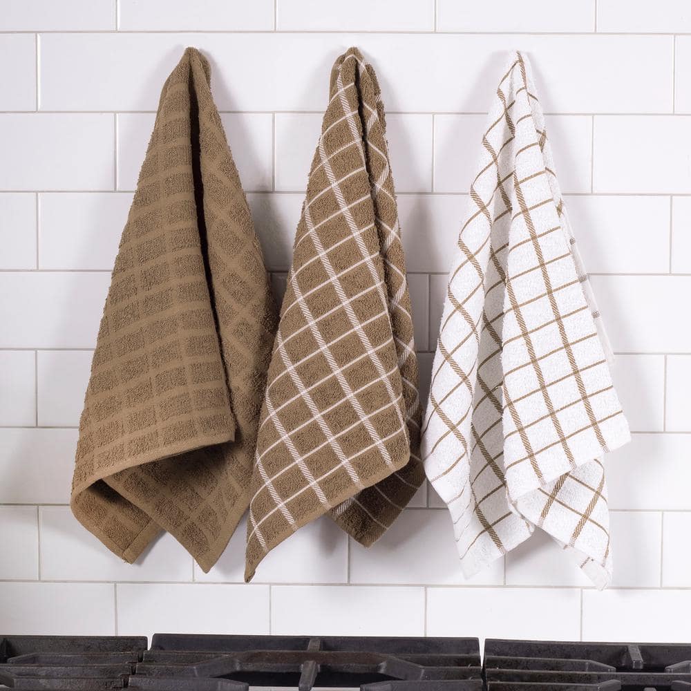 Mocha and White Terry Cotton Kitchen Towel Set, 3-Pack