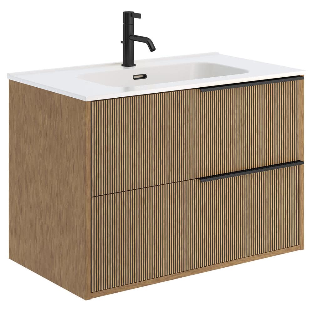 Demeter Medium Brown MDF Wall Mounted Vanity with White Ceramic Sink