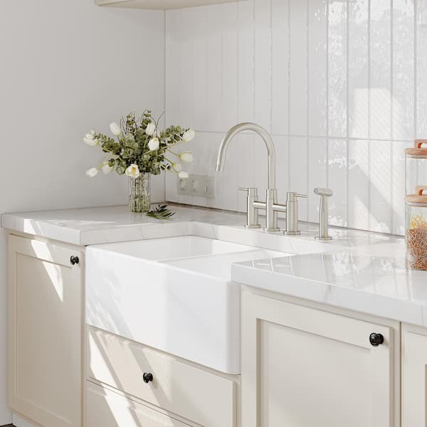 3 Hole Double Handles Deck Mounted Bridge Kitchen Faucet with Pull Down Sprayer and Side Sprayer in Brushed Nickel