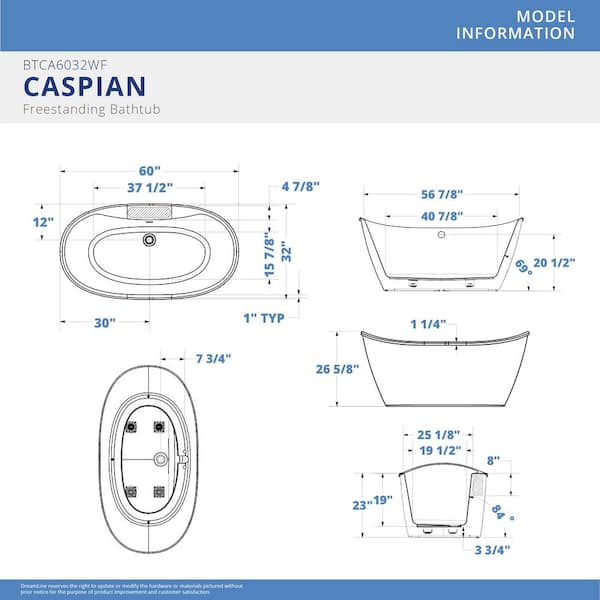 Caspian 60 in. W x 32 in. D Acrylic Freestanding Bathtub in White - DreamLine BTCA6032WFXXC00