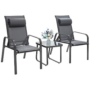 3-Pieces Grey Patio Adjustable Back Stackable Chairs Side Table Set Outdoor Bistro Set Classic Furniture Set