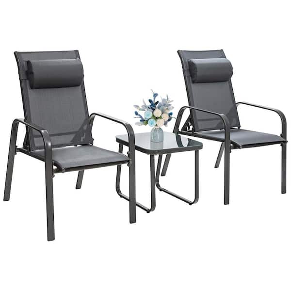 HONEY JOY 3-Pieces Grey Patio Adjustable Back Stackable Chairs Side Table Set Outdoor Bistro Set Classic Furniture Set