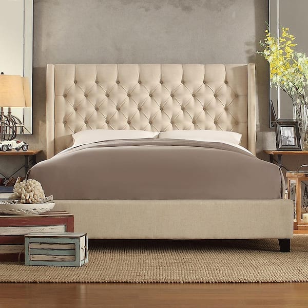 HomeSullivan Beige Wingback Button Tufted Bed