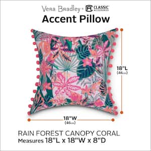 Vera Bradley 18 in. L x 18 in. W x 8 in. D Outdoor Accent Throw Pillows with Poms in Rain Forest Canopy Coral (2-Pack)
