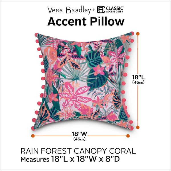 Vera Bradley 18 in. L x 18 in. W x 8 in. D Outdoor Accent Throw Pillows with Poms in Rain Forest Canopy Coral (2-Pack)