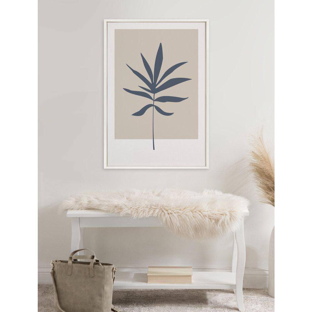 Muted Tan and Blue Colorblock Botanical Leaf Framed Canvas Wall Art, 23x33