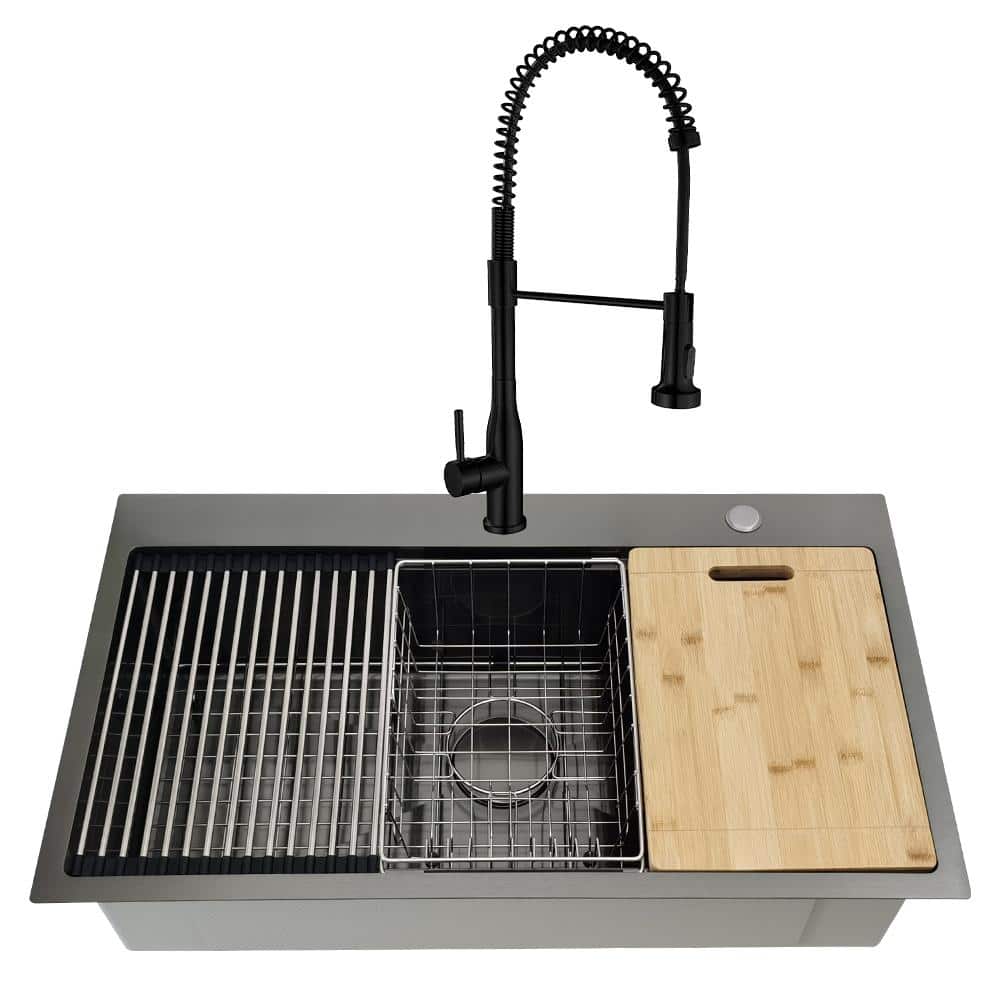 33x19 Drop-In Workstation Kitchen Sink w/ Spring Pull-Down Faucet, Black Stainless Steel 16-Gauge Single Bowl, 6 Acc price history on PriceWatchPro