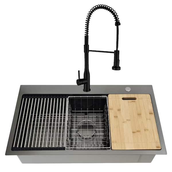 33x19 Drop-In Workstation Kitchen Sink w/ Spring Pull-Down Faucet, Black Stainless Steel 16-Gauge Single Bowl, 6 Acc