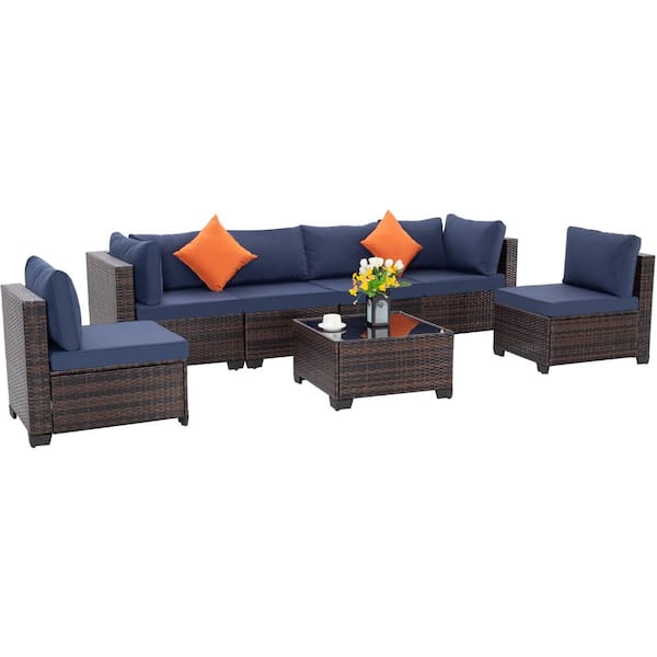 Unbranded Elegant 7-Piece Wicker Patio Conversation Set with Blue Cushions
