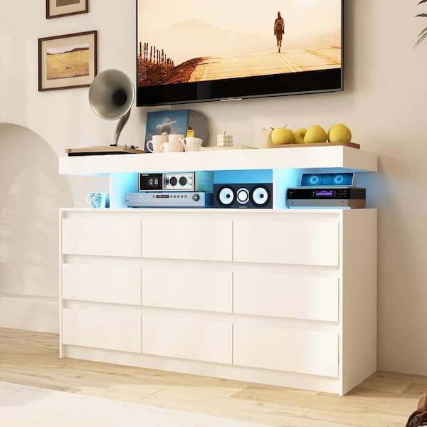FUFU&GAGA White 9-Drawers 47.2 in. Width Chest of Drawers, Sideboard, Storage Cabinet, TV Console with Light and Open Storage