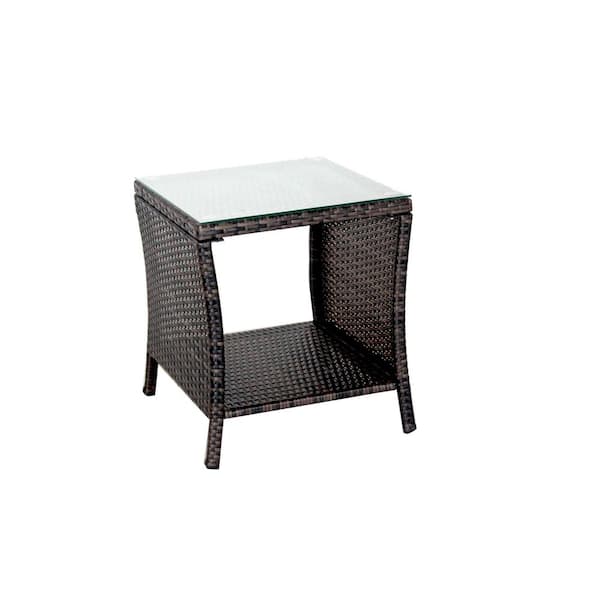 Angel Sar Outdoor Rattan Brown Patio Furniture Square Coffee Table with Clear Tempered Glass