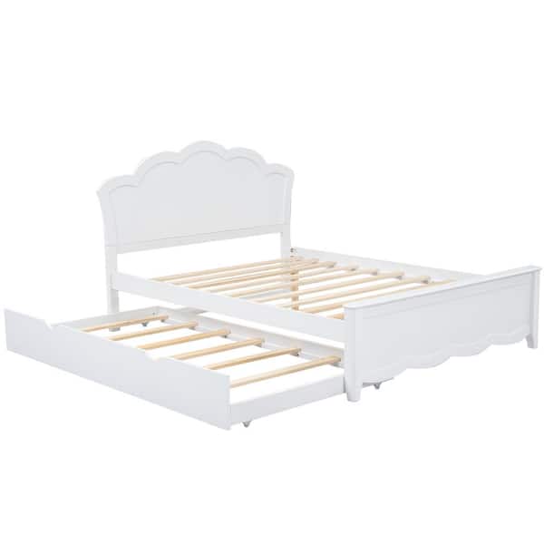 White Wood Frame Full Size Platform Bed with Twin Size Trundle and Headboard