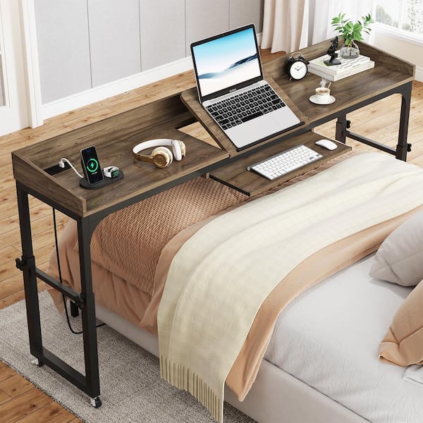 Moronia 70.86 in. Rectangular Gray Wood Height Adjustable Overbed Table Computer Desk with Wheels, Outlets and Tiltable