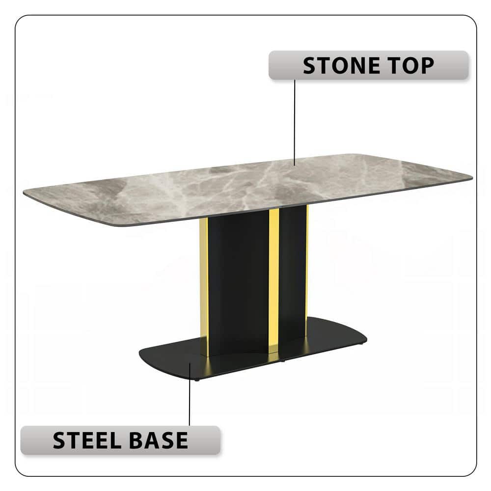 Sylva 71" Deep Grey Glass Dining Table with Black and Gold Pedestal Base