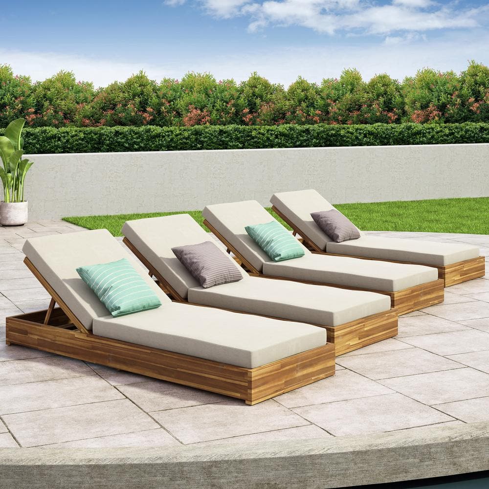 Ian Teak Brown 4-Piece Solid Wood Outdoor Patio Chaise Lounge with Cream Cushions