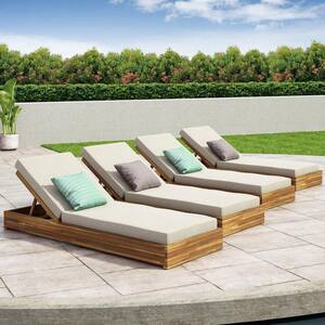 Ian Teak Brown 4-Piece Wood Outdoor Patio Chaise Lounge with Cream Cushions