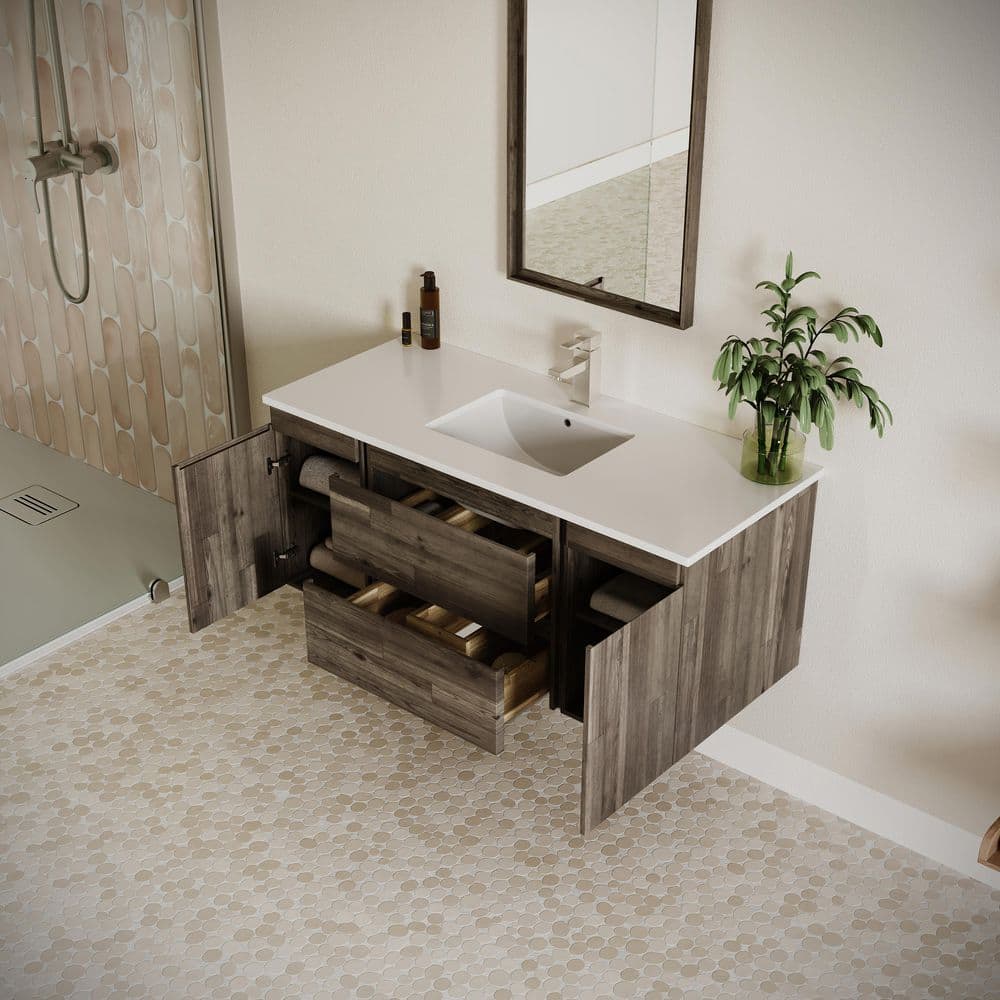 Elegant Formosa 48" Brown Quartz Wall-Mount Vanity Set with Mirror