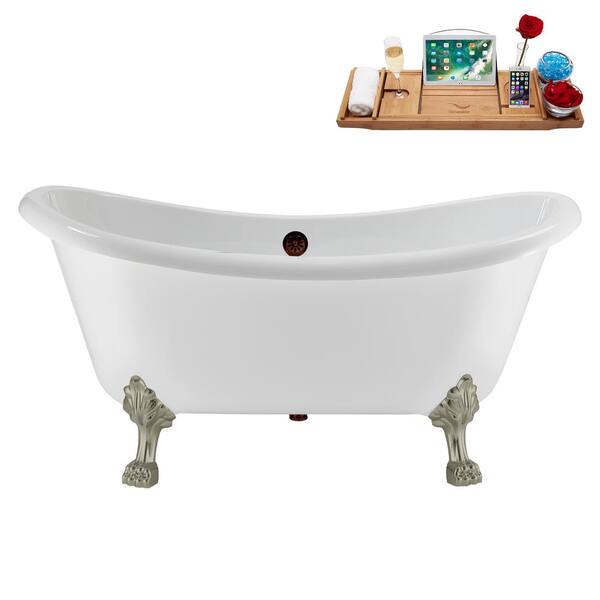 Streamline 59 in. x 28 in. Acrylic Clawfoot Soaking Bathtub in Glossy White Matte Oil Rubbed Bronze Drain, Brushed Nickel Clawfeet