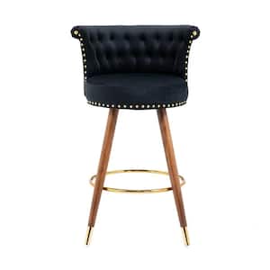 36 in. Low Back Wooden Frame Swivel Upholstered Bar Stool with Black Velvet Seat (Set of 2)