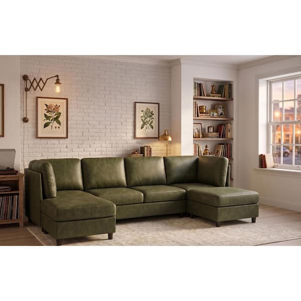 Nina Modern 120 in. 6-Piece Faux Leather Modular Sectional Sofa in Green with 2 Ottomans Removable Cushions