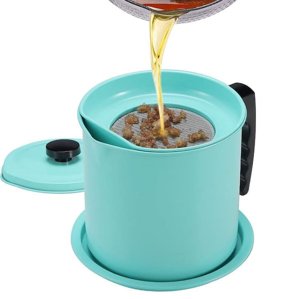 Bacon Grease Container with Fine Mesh Strainer Iron Cooking Oil Can with Removable Coaster Tray Blue